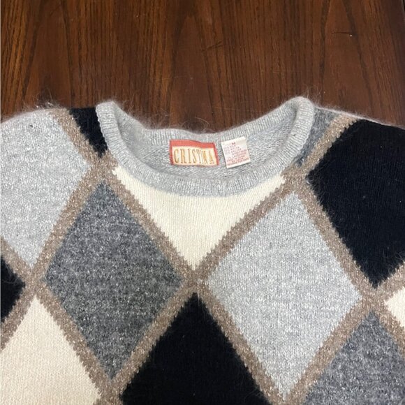 Vintage Crew Neck Argyle Sweater Silk Angora Lambswool Black White Gray Soft Med - Picture 2 of 7